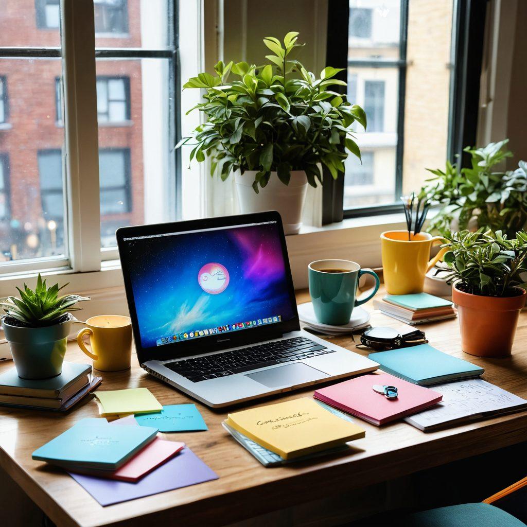 A vibrant desk scene showcasing a cozy workspace with a laptop, notepad filled with ideas, steaming coffee cup, and inspiring quotes on the wall, all infused with creativity and technology. The light floods in through a window, hinting at a beautiful day outside. Include elements like colorful sticky notes, a potted plant, and books on blogging, symbolizing knowledge and creativity. super-realistic. vibrant colors. cozy atmosphere.